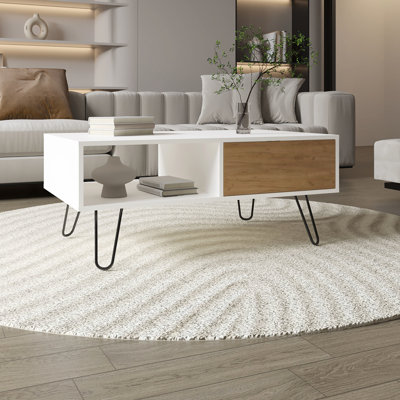 Table basse de salon rectangulaire avec tiroir et tablette, blanc moderne - table en chêne naturel en forme de