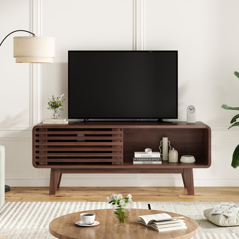 Modern TV Stand For Tvs Up To 50" With Mobile Sliding Door Design, Dark Brown Wood