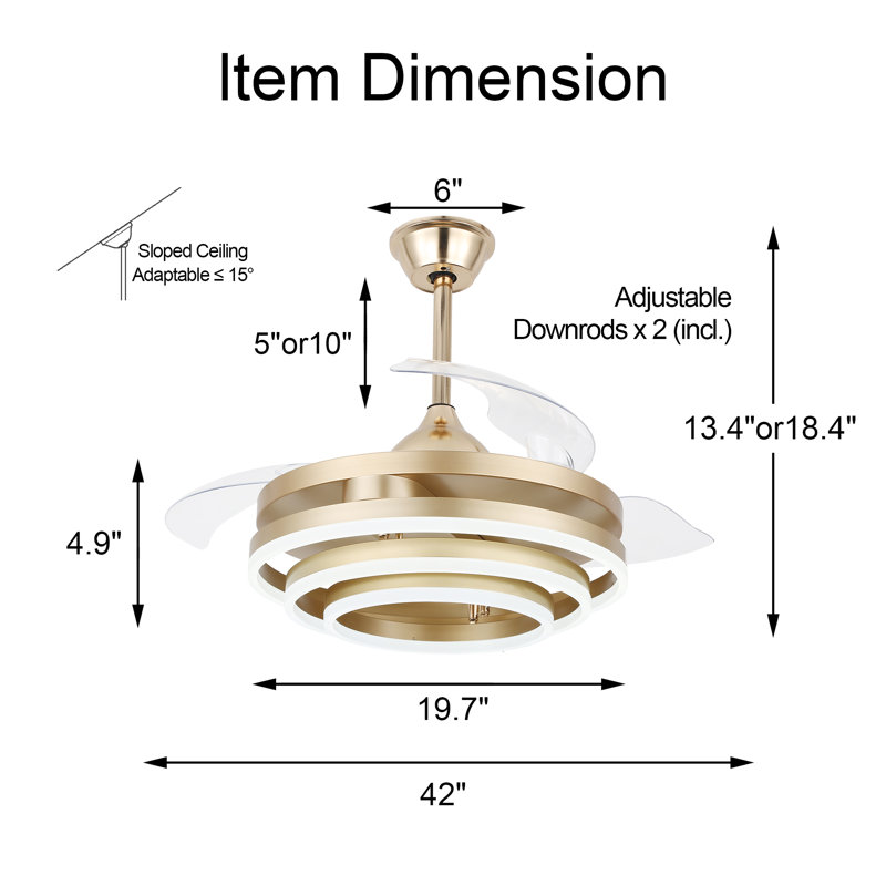 Gold Retractable LED Ceiling Fan Chandelier with Remote Control