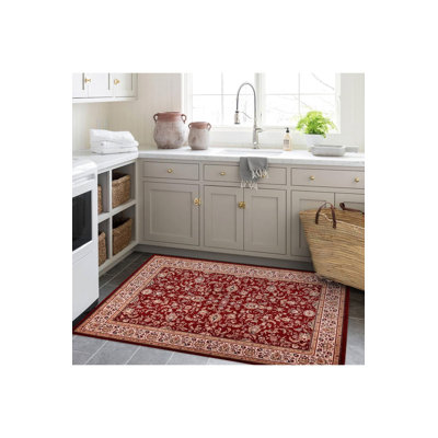 Northern Collection Beige Border Detailed Burgundy Ethnic Patterned Woven Base Decorative Rug