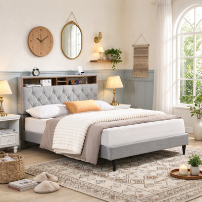 Metal Platform Bed Frame with 2 Storage Drawers and Usb Charging Station, Industrial Bed Frame with Upholstered Headboard, Queen Size, LIGHT GREY-2[USB]