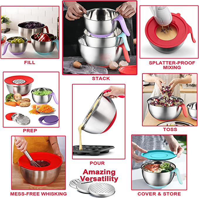 Stainless Steel Mixing Bowls Set with Colorful Lids and Handles