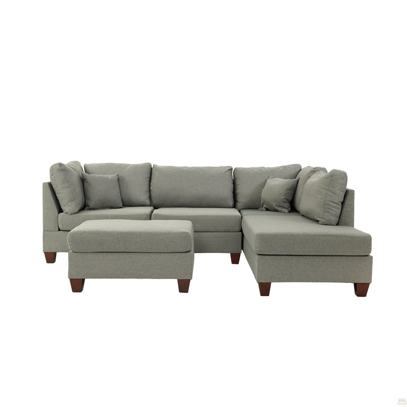 Reversible Polyfiber Sectional Sofa With Ottoman, Grey