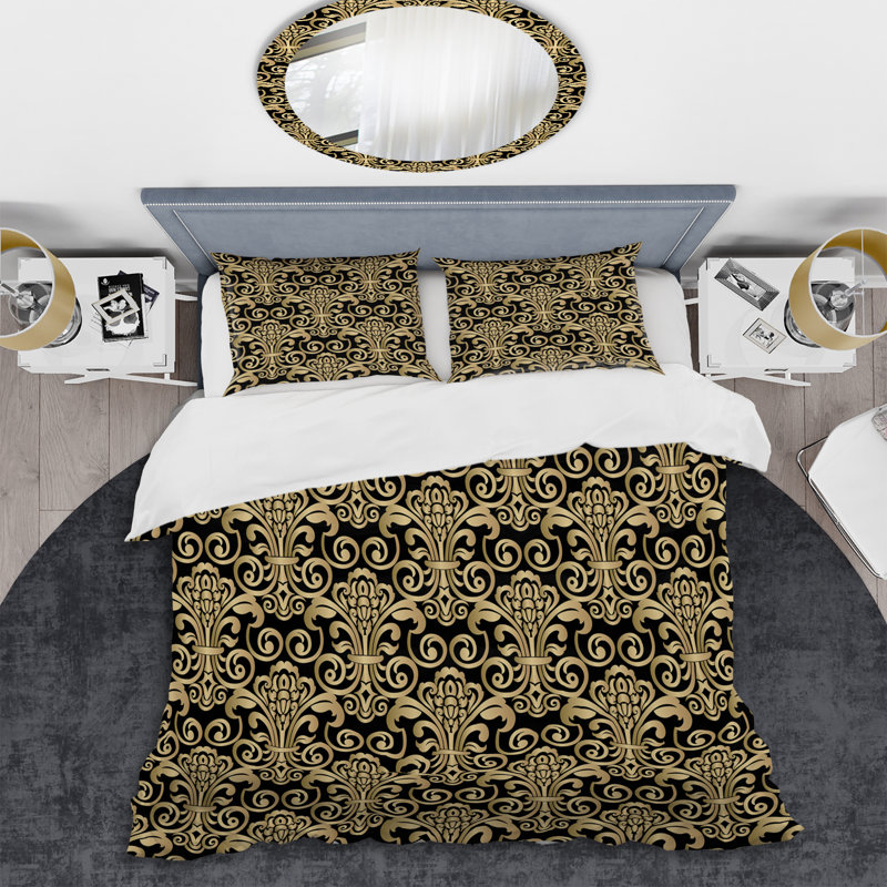 Damas noir et doré - ensemble de housse de couette abstrait - microfibre de polyester