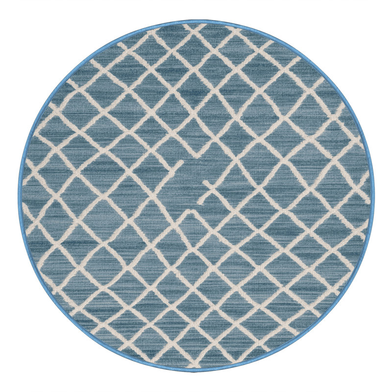 Tapis bleu en treillis lavable à la machine, Rond 8 pi