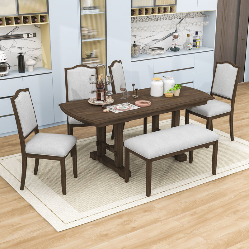 6 pièces Table de salle à manger extensible avec banc rembourré et chaise, Brun