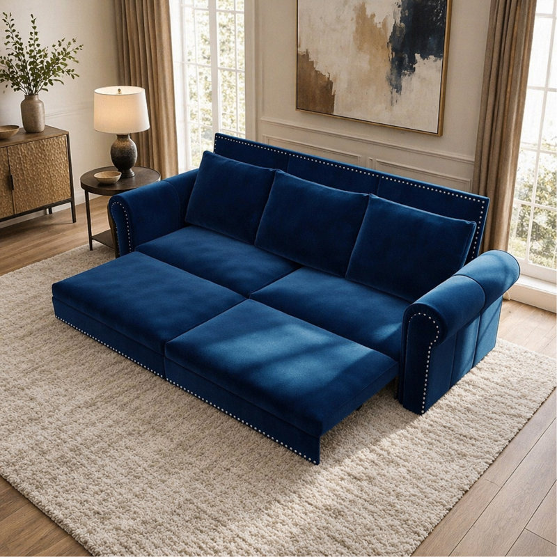 Canapé Chesterfield, canapé-lit gigogne de 93,7 po, canapé-lit convertible en velours 3 en 1 avec garniture cloutée et accoudoirs roulés, canapé-lit multifonctionnel pour salon, chambre à coucher, appartement, bureau