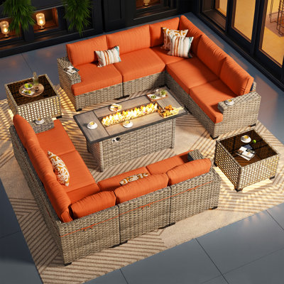 10-Person  Outdoor Sectional With Cushions,Led Coffee Table And Fire Pit,All-Weather Wicker Patio Set