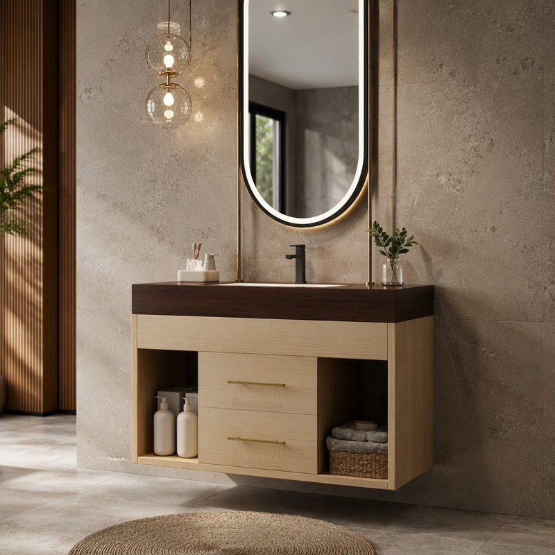 Ensemble de meuble-lavabo mural flottant 29,9 po, Noyer, bois