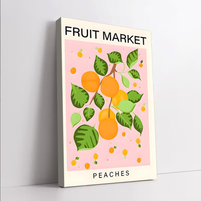 1 PC, art mural, affiches encadrées, marché aux fruits, pêche, art mural sur fond rose vif avec pêche orange et feuilles vertes, cuisine moderne, affiche de fruits de style rétro pour salle à manger, salon, décoration de la maison