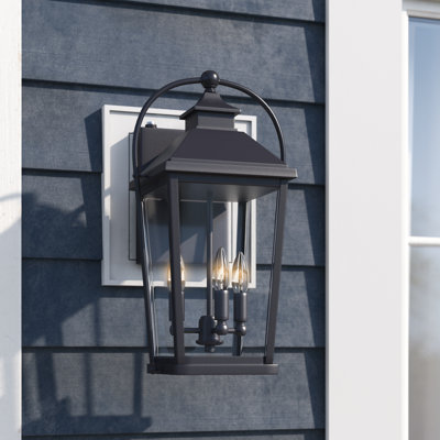 Applique murale d'extérieur traditionnelle Hanoverton à 3 lumières H 17,25 po texturée noir Dusk to Dawn, acier durable, abat-jour en verre transparent, compatible avec les DEL pour la porte d'entrée de patio ou de garage