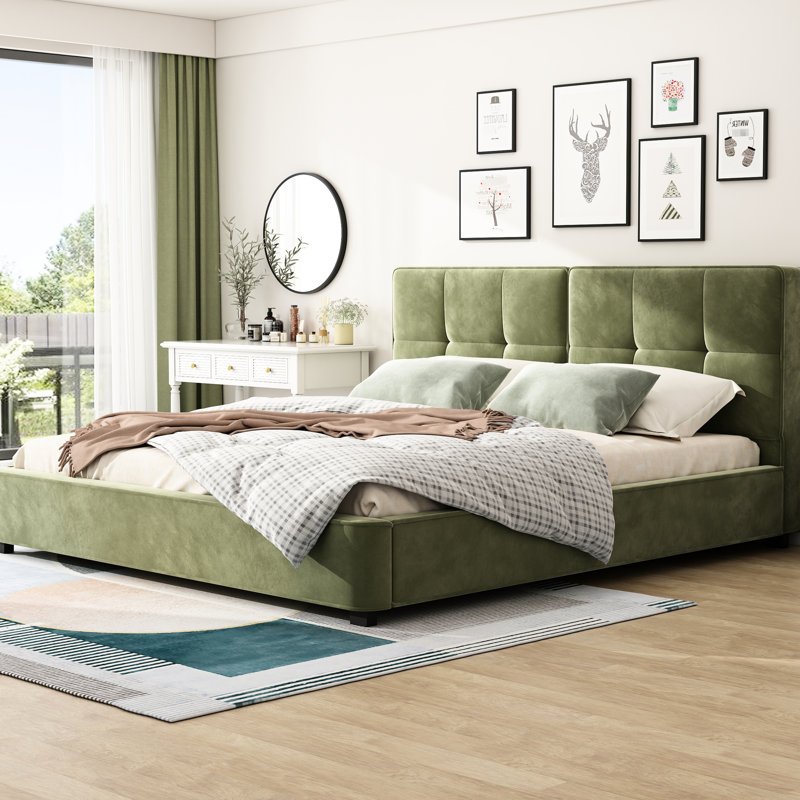Olive Velvet Bed Frame, King Size Upholstered Platform With Wide Headboard And Deep Round - Shaped Tufting, Soft Square Corners, No Box Spring, Easy Assembly For 2 Adults Frame Design, Minimalist