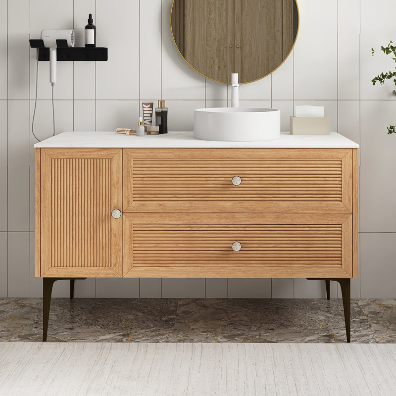 Meuble-lavabo de salle de bain autoportant en contreplaqué pré-assemblé avec lavabo en céramique blanc avec plateau en grain de bois de chêne