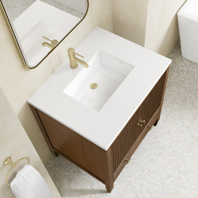 Myrrin 30" W Single Vanity, Single-Hole, White Zeus Silestone with Backsplash, Mid-Century Walnut