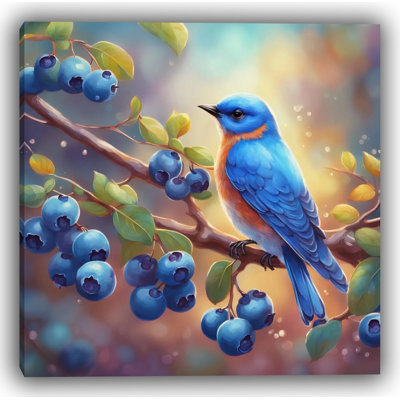 Berry Watcher: Bluebird and Blueberry Branch Wrapped Canvas