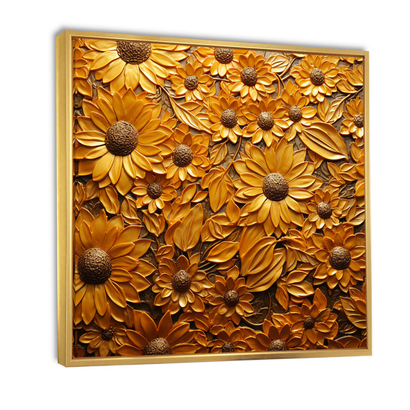 Tournesol doré rayonnant sur toile, Cadre flottant doré, H 16 po x l 16 po x P 1 po