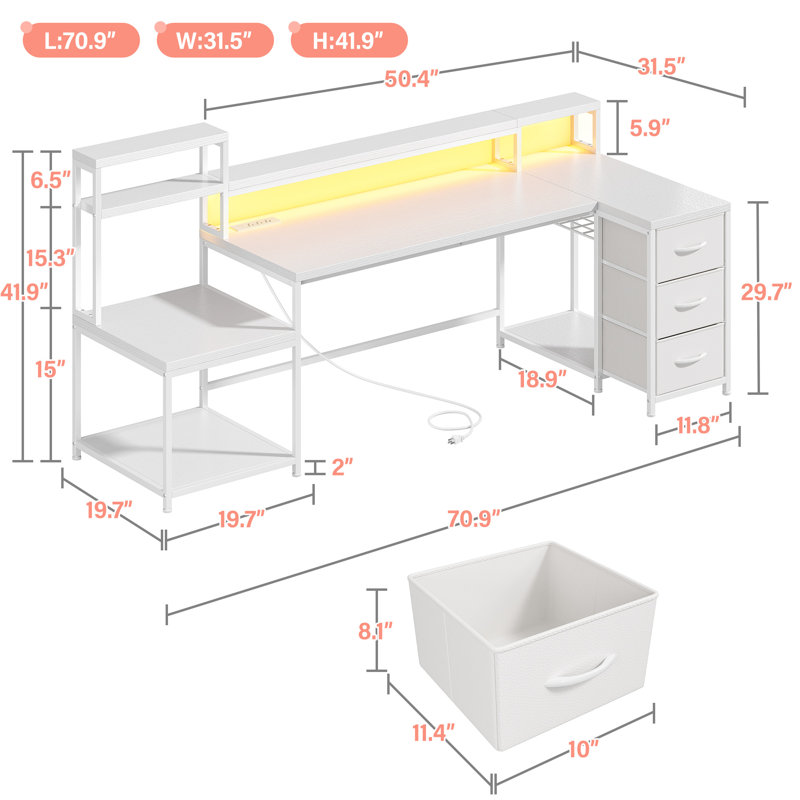 71"w Led L-shaped Computer Desk,gaming Desk With Power Outlet,home Office Desk With Monitor Stand, White