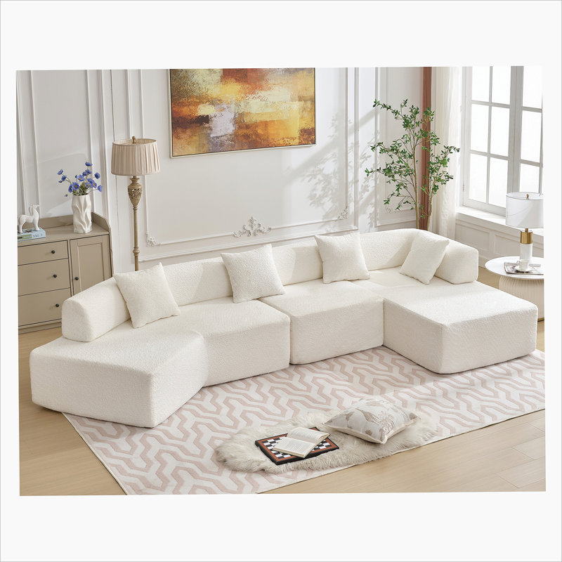 Canapé modulaire moderne en L de 140 po, sans assemblage requis, canapé modulaire Boucle, Polyester blanc