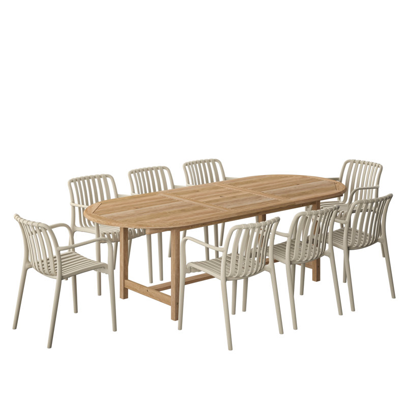 9Pc Dayane FSC Teak And Resin Outdoor Oval Patio Extendable Dining Set, Sand