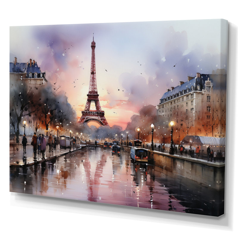«Pink Twilight Rendezvous In Paris III» - Art mural, parcs d'attractions, H 16 po x l 32 po x P 1 po, Toile tendue