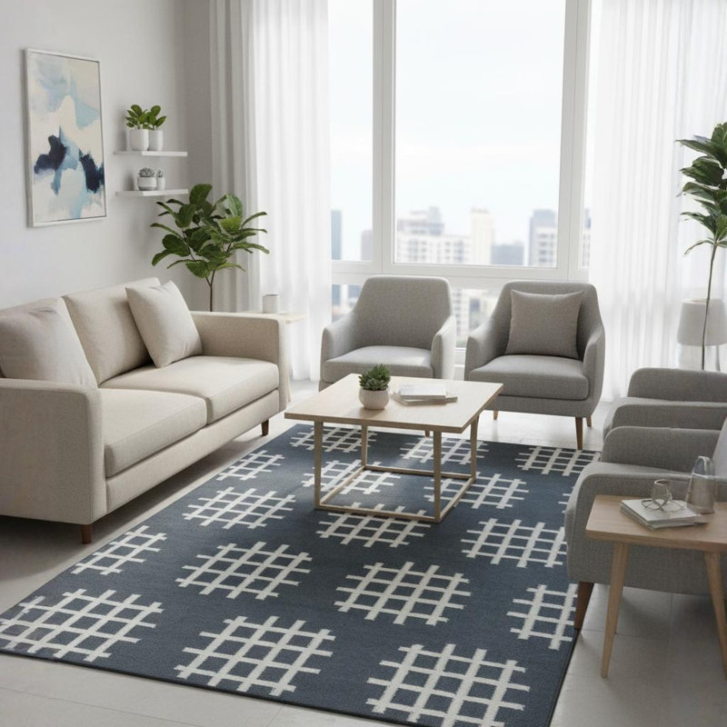 Lima Authentic Flatwoven Handmade Slate Blue & White Reversible Modern Geometric Grid Wool & Cotton Area Rug, 7' x 10'