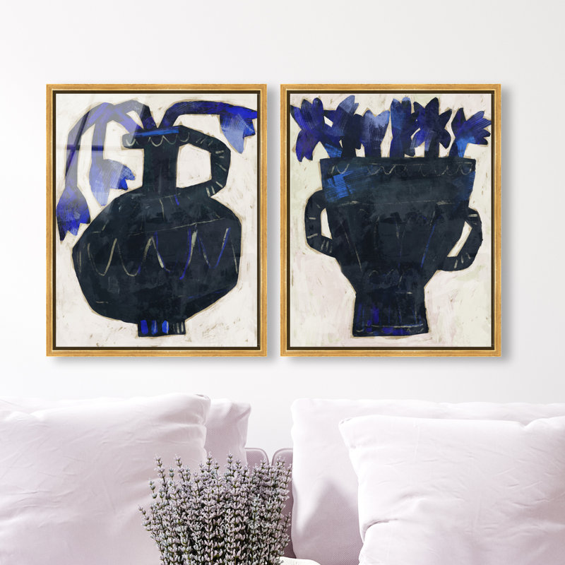 Indigo Vases Set Set by Oliver Gal, 62"H x 50"W, Gold Floater Frame