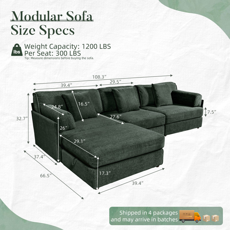 4-Piece 108" Reversible Modern Modular Upholstered L-shaped Sectional Sofa with Storage Ottoman- Premium Chenille Fabric