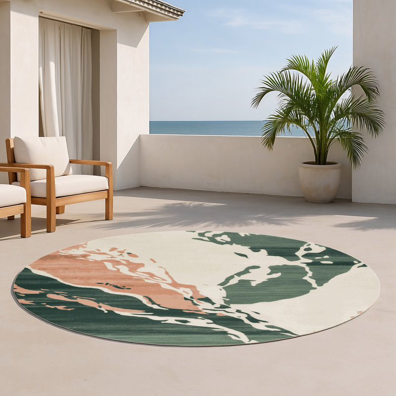 Tapis intérieur et extérieur vert Watercolor, Rond 5 pi