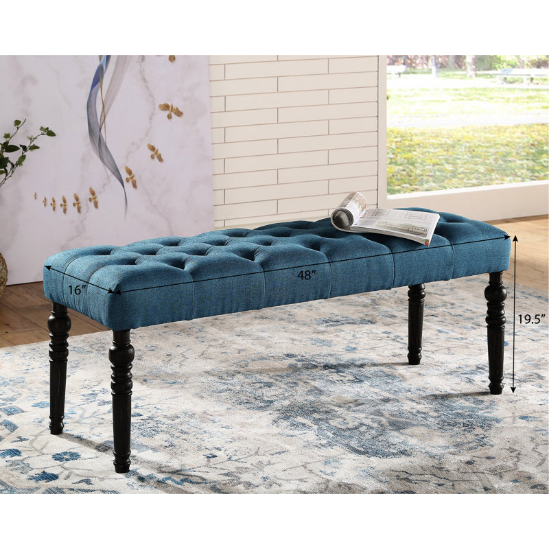 Fabric Dining Bench, Blue Color - Solid Wood Frame, Turned Legs, 48"W X 16"D 19.5"H Bench With Seat , Frame & In, Blue