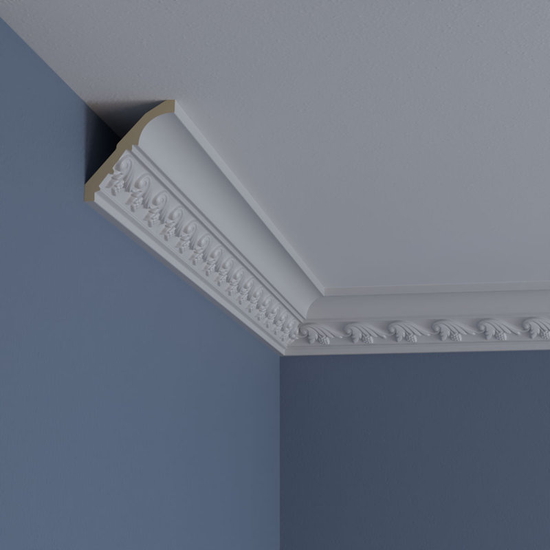 Primed White Polyurethane Geometric Crown Moulding Sample, 12" Length