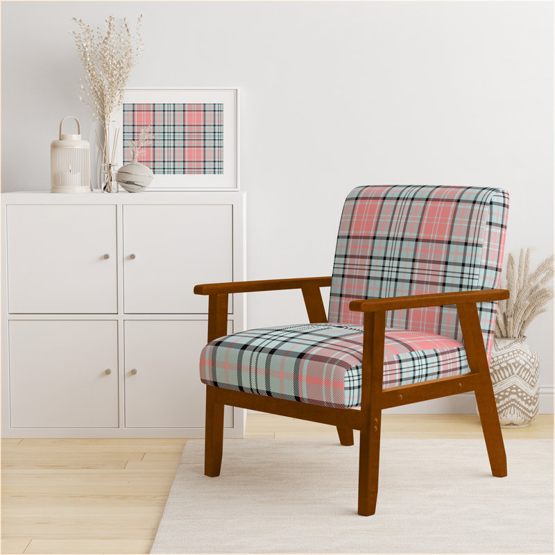'Fetullah Green And Orange Checked Tartan - Upholstered Patterned Accent Arm Chair, Pink/Ivory/Cream, Brown