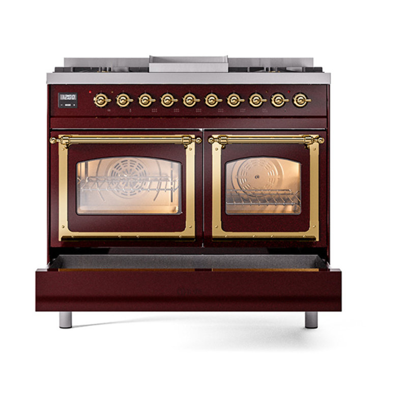 Cuisinière à double combustible de 40 po avec 6 brûleurs scellés et plaque chauffante (porte vitrée) ILVE Nostalgie II Series Noblesse