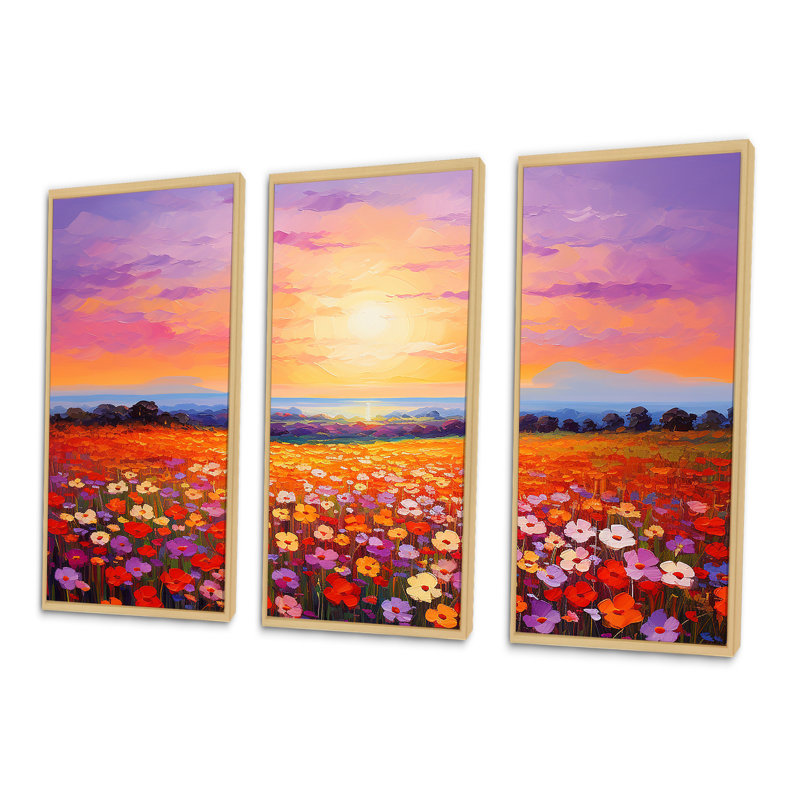 Calming Pastel Horizon Flowers Fields - Ensemble de décorations murales fleurs, Cadre naturel flottant
