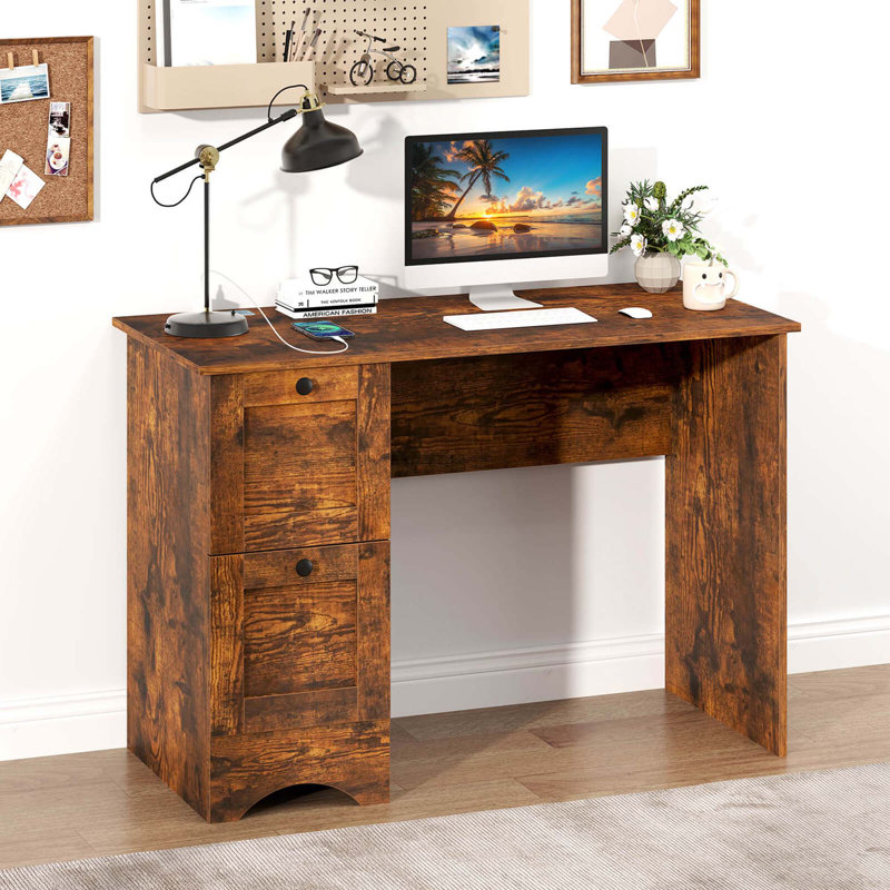 43" Home Office Desk Compact Study Writing Desk With 2 Drawers Charging Station Brown
