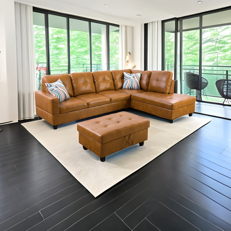 Erynne 3 - Piece L- Shaped Upholstered Living Room Sectional with Storage Ottoman, Right Hand Facing, Ginger Faux Leather