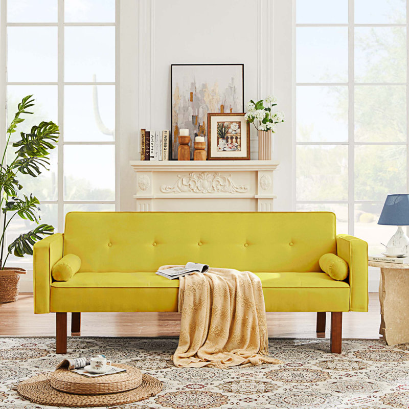 Perpetua Square Arm Sofa Bed, Yellow Velvet