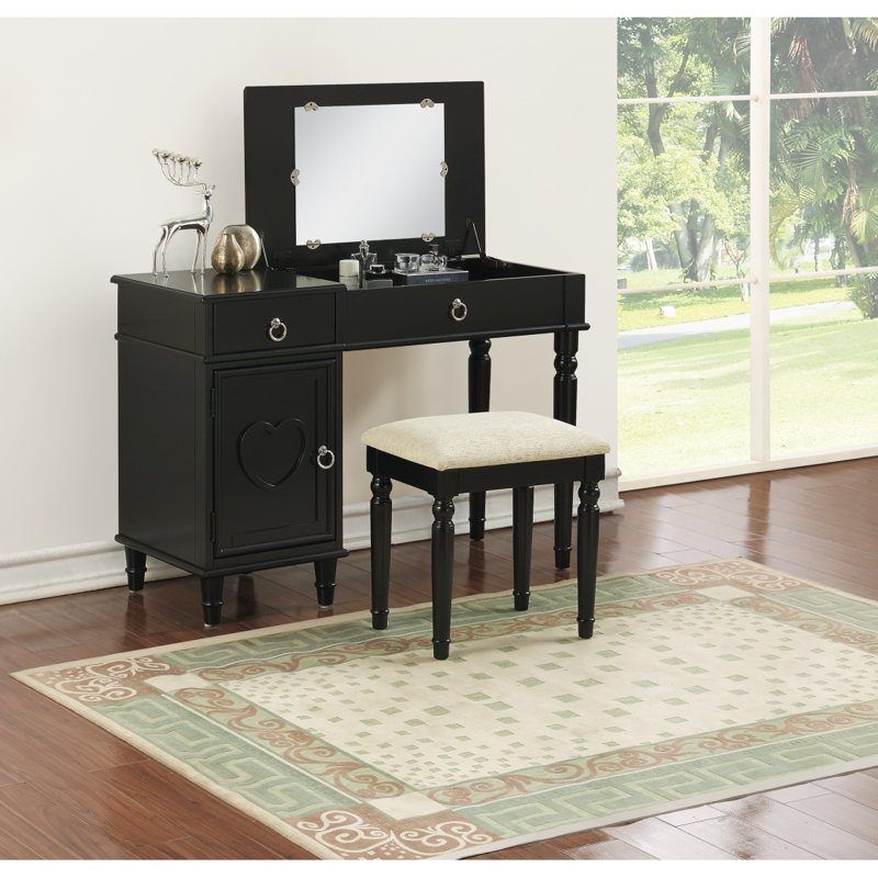 Ensemble de meuble-lavabo de chambre à coucher avec tabouret à tiroirs ouverts, Noir