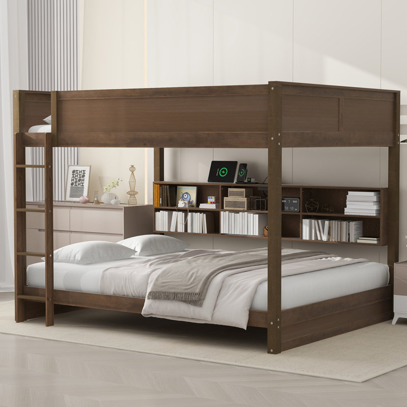 Lit superposé grand sur grand avec armoires de rangement et ports USB, Brown