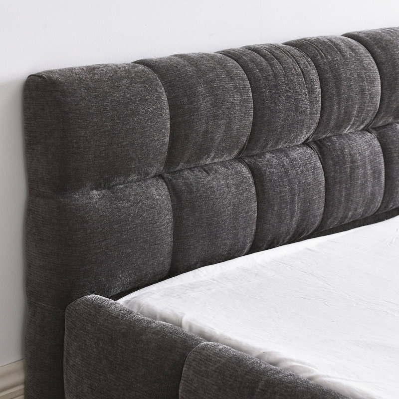 Grand lit plateforme gris foncé avec revêtement en chenille, structure solide et solide, aucun lit tapissier requis, gris, tissu, pour le confort de la chambre à coucher