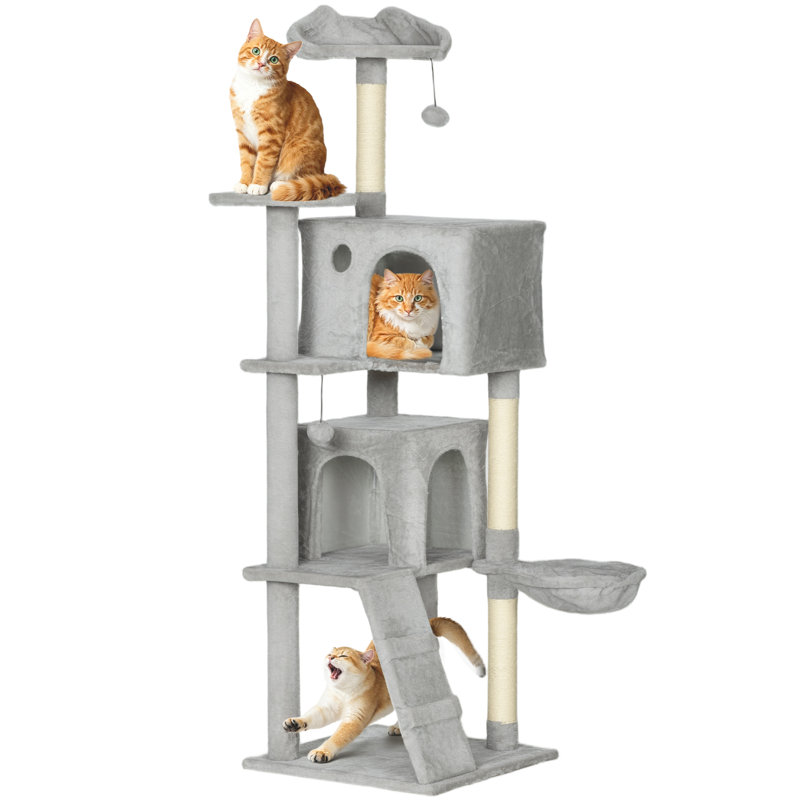 Arbre à chat 63 po avec poteaux à griffer en sisal, condos, gris clair, Gris clair