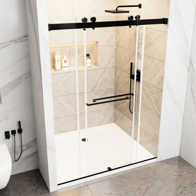 78" H 60" W Double Sliding Matte Black Shower Screen, 3/8" (10mm) Clear Tempered Glass With - Proof Film, Stainless Steel Handles, Waterproof Coating, Easy Assembly High Wide Soft Close Corrosion