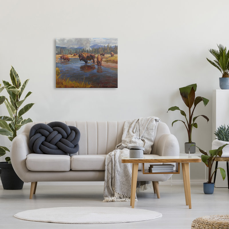 " Bison Herd By River ", 24" H x 30" W x 1.5" D