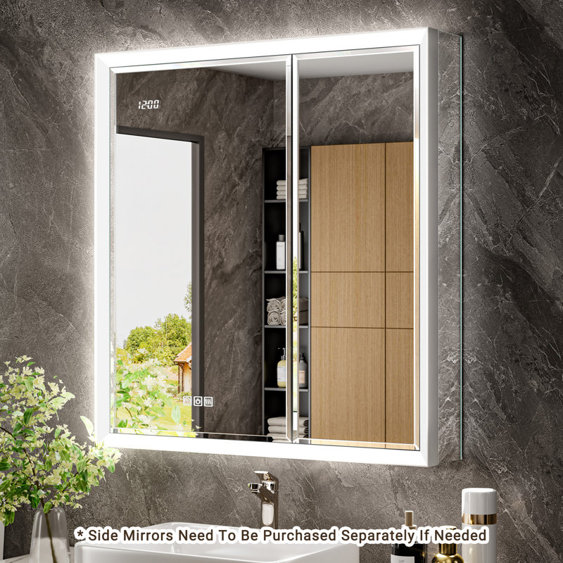 30X32" Beveled LED Medicine Cabinet With Anti-Fog Mirror – Surface/Recessed Mount, Dimmable Lights, Outlet, Clock & Sensor Light