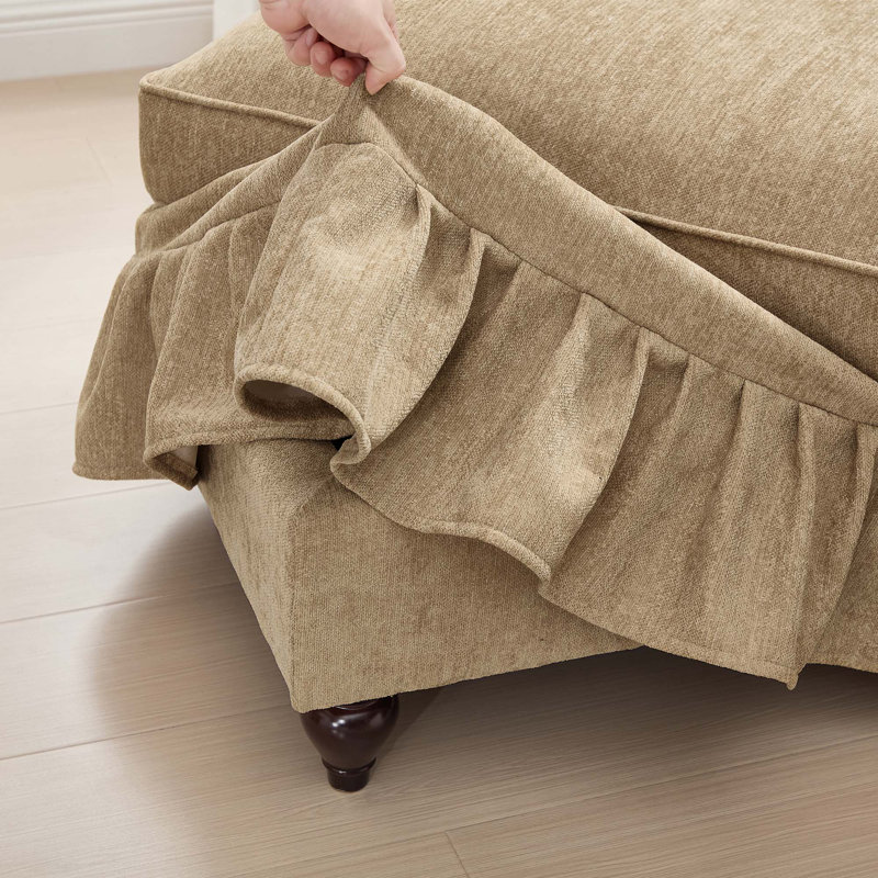 Grand canapé Mid-Century en chenille 4 places avec accoudoirs évasés, jupes à plis à volants amovibles et 2 repose-pieds mobiles pour le salon