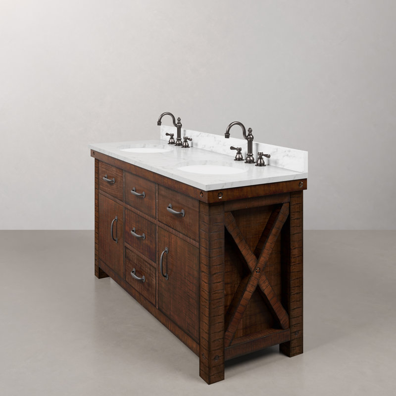 Aberdeen 60 In. Double Sink Blue Limestone Countertop Vanity In Rustic Sierra With Hook Faucets, Carrara White
