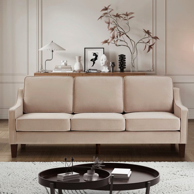 Contemporary 3 , Taupe Velvet Upholstery, Solid Wood Frame, For Primary Living Space 3 Seater With Scooped Armrest, Upholstery And Wooden Frame