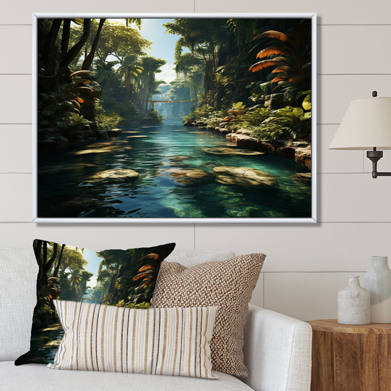 Oasis dominicaine tropicale II - plage côtière, art sur toile, 24" H x 32" W, Cadre flottant blanc