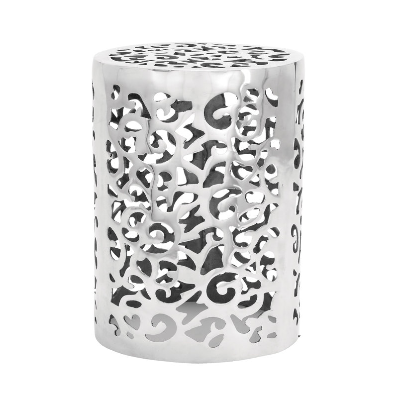 Polished Silver Round Metal Accent Table with Precision Cut Design