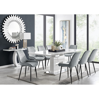 Areza High Gloss Extendable Dining Table Set with Luxury Velvet Dining Chairs