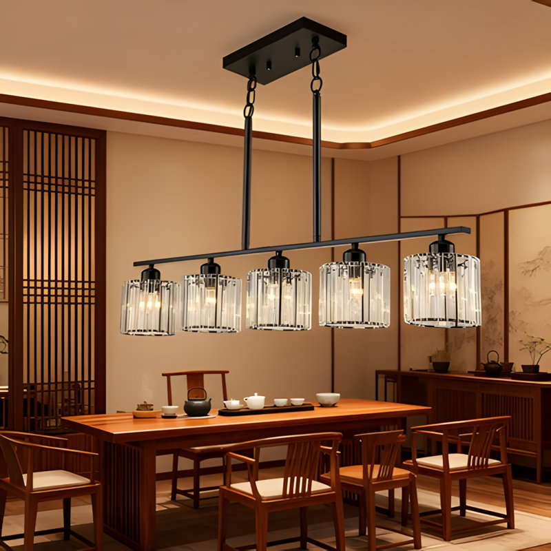 Luminaire suspendu linéaire avec abat-jour en cristal transparent K9, lustre de style campagnard à 5 lumières pour îlot de cuisine moderne rustique noir mat